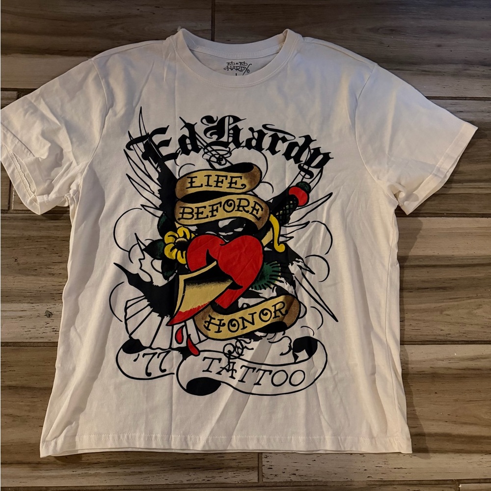Ed Hardy White Graphic Tee with Red and Black Accents